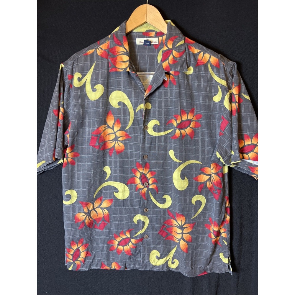 Tommy Bahama Gray 100% Silk Hawaiian Camp Shirt Bright Florals Men's Medium